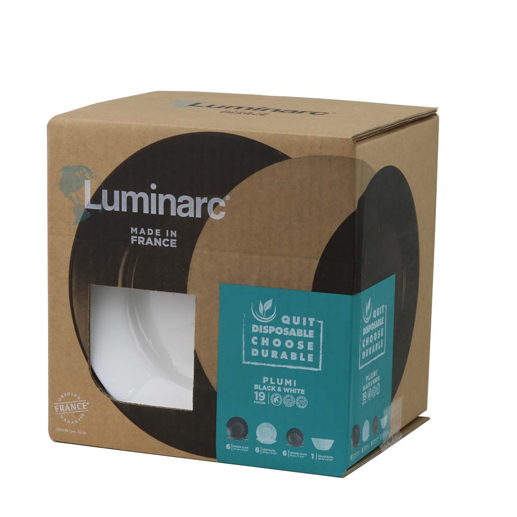 Serwis obiadowy dla 6 osób Plumi 19-elementowy biało-czarny LUMINARC