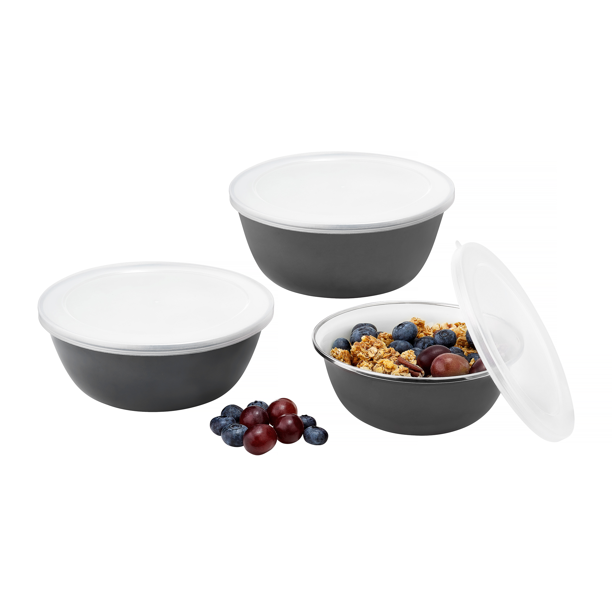 Set di 3 ciotole smaltate grigie con coperchi in plastica EMALIA OLKUSZ