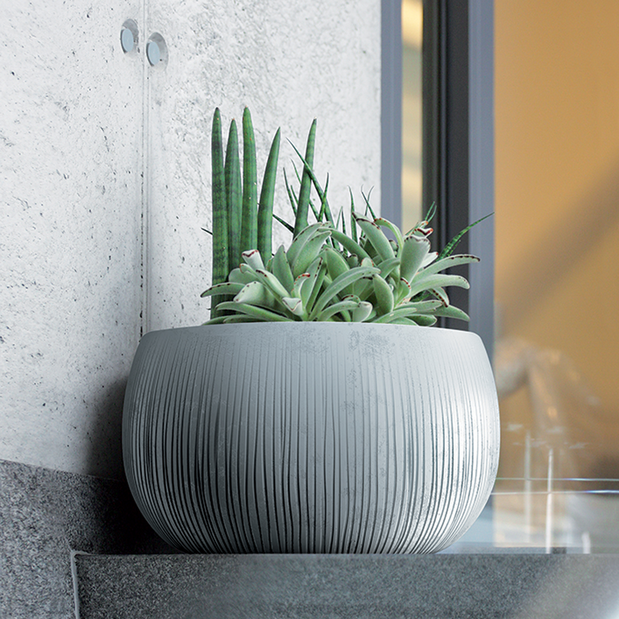 Šedý plastový květináč Beton Bowl 29 cm PROSPERPLAST