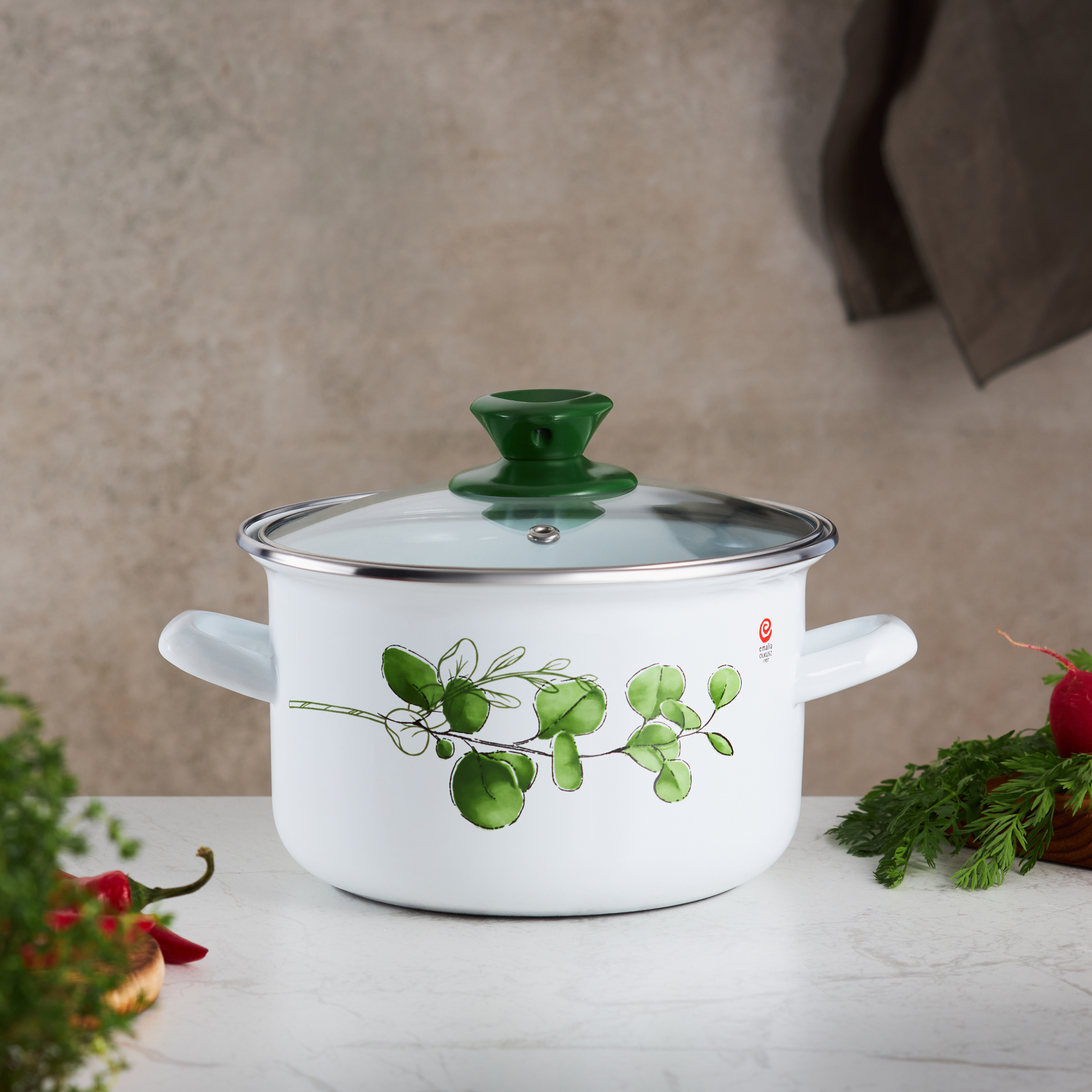 Smaltovaný hrniec s pokrievkou Eukaliptus 16 cm, 2 l EMALIA OLKUSZ