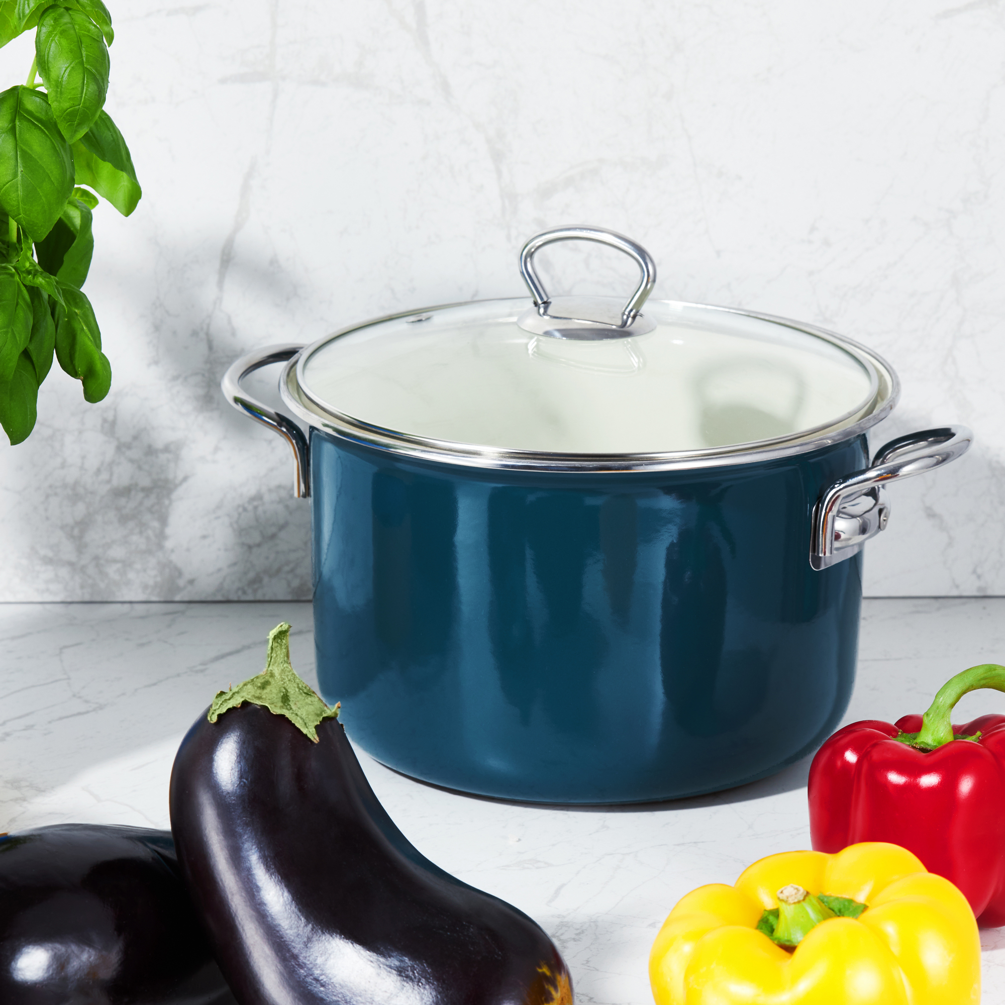 Pentola smaltata blu 20 cm con coperchio di vetro Plus EMALIA OLKUSZ