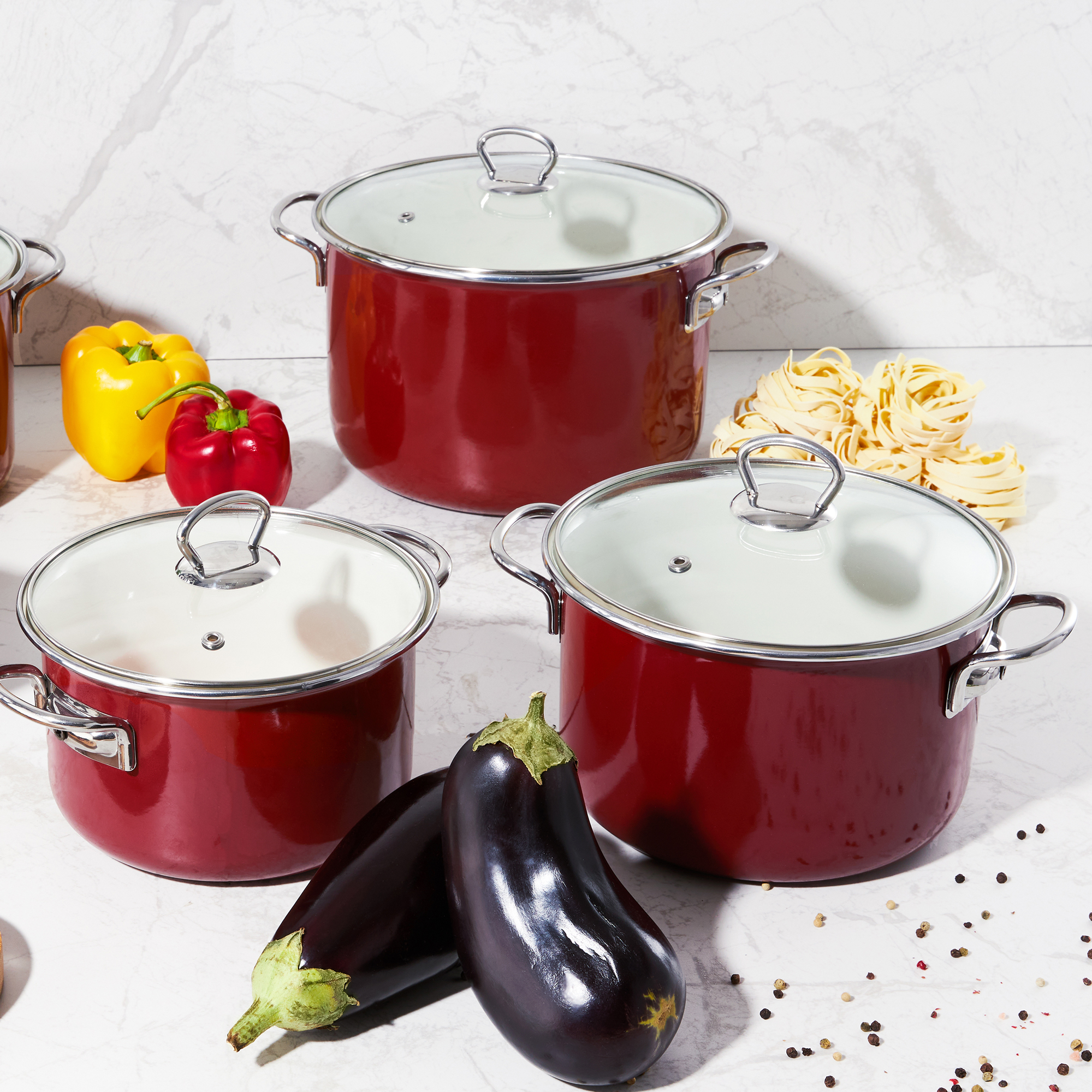 Pentola smaltata rossa 22 cm con coperchio di vetro Plus EMALIA OLKUSZ