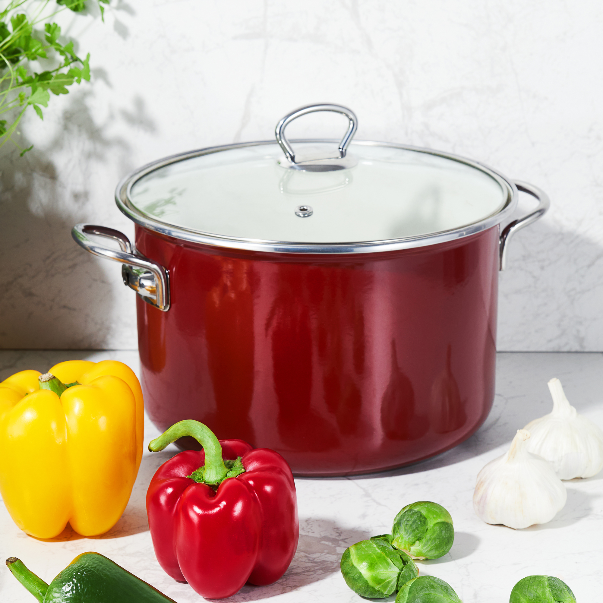 Pentola smaltata rossa 22 cm con coperchio di vetro Plus EMALIA OLKUSZ