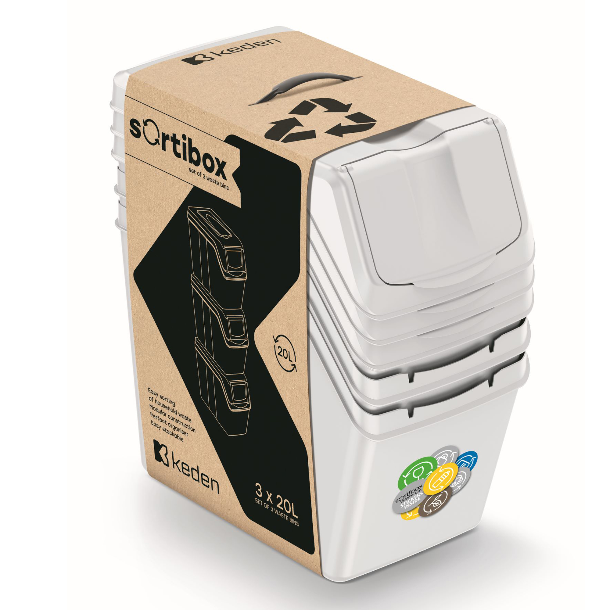 Set med avfallssorteringskorgar Sortibox 3 x 20 l askgrå KEDEN