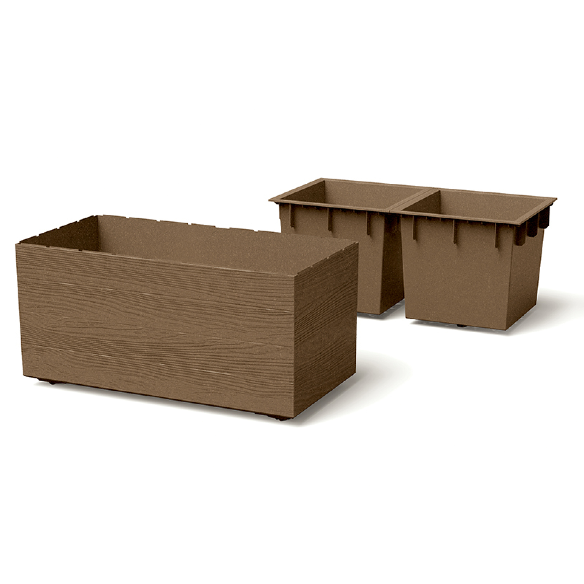Hnedý plastový kvetináč s vložkami na kolieskach Madera Case ECO Wood 57,7 x 28,8 x 29 cm PROSPERPLAST