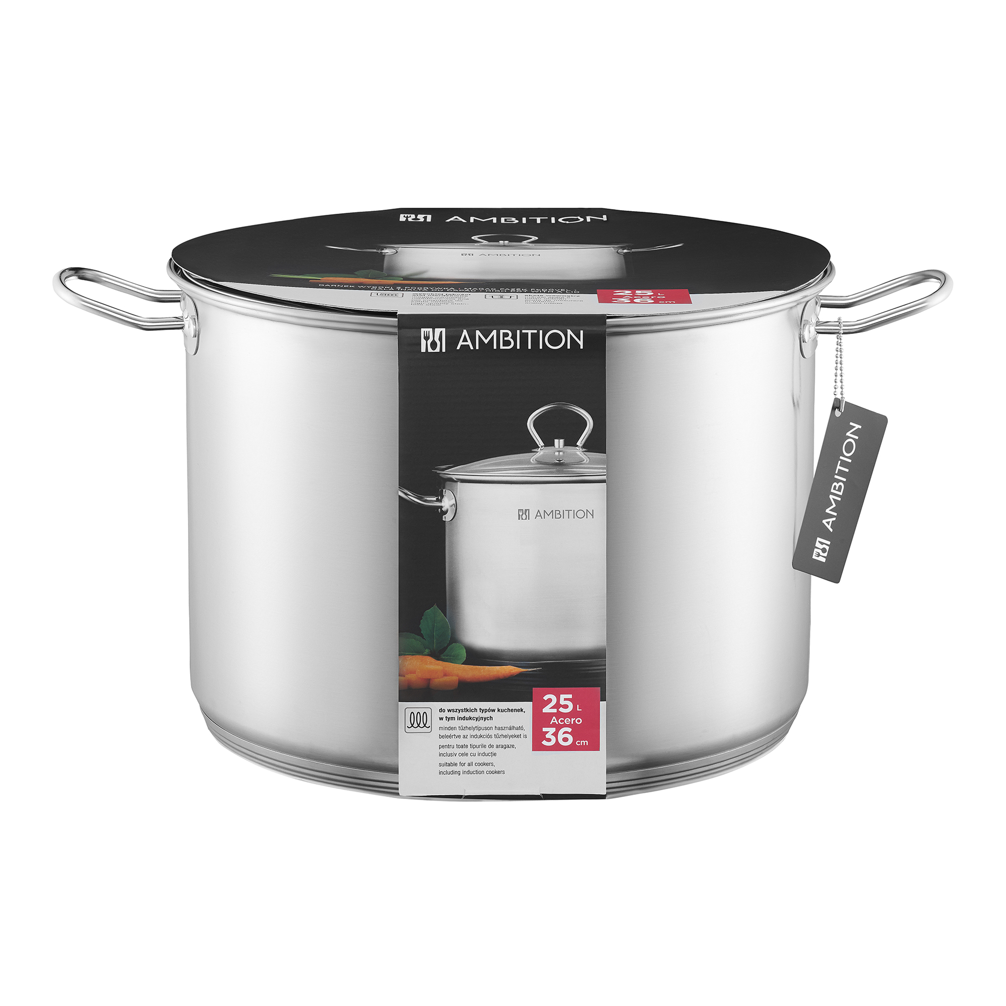 Vysoký nerezový hrnec s poklicí Acero 36 cm, 25 l AMBITION