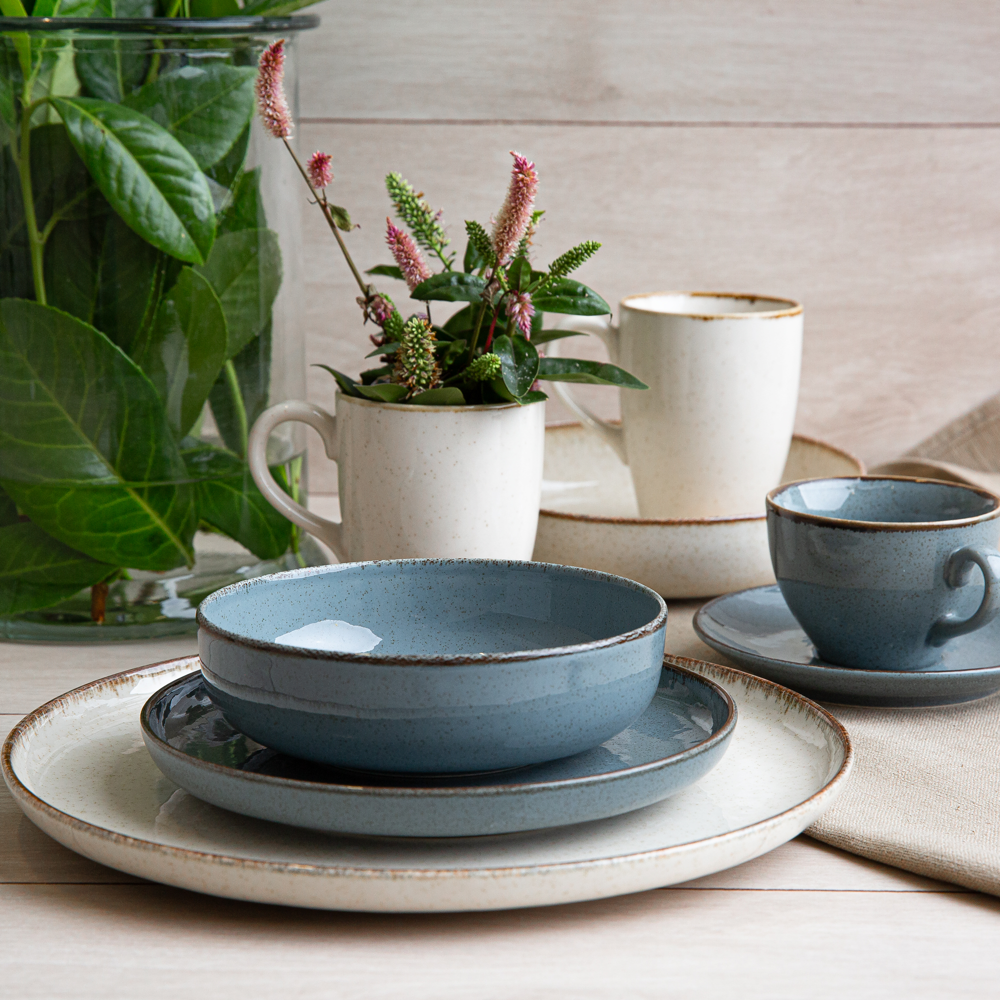 Modro-béžový porcelánová obedová a kávová súprava Craft pre 6 osôb 42-dielna AMBITION