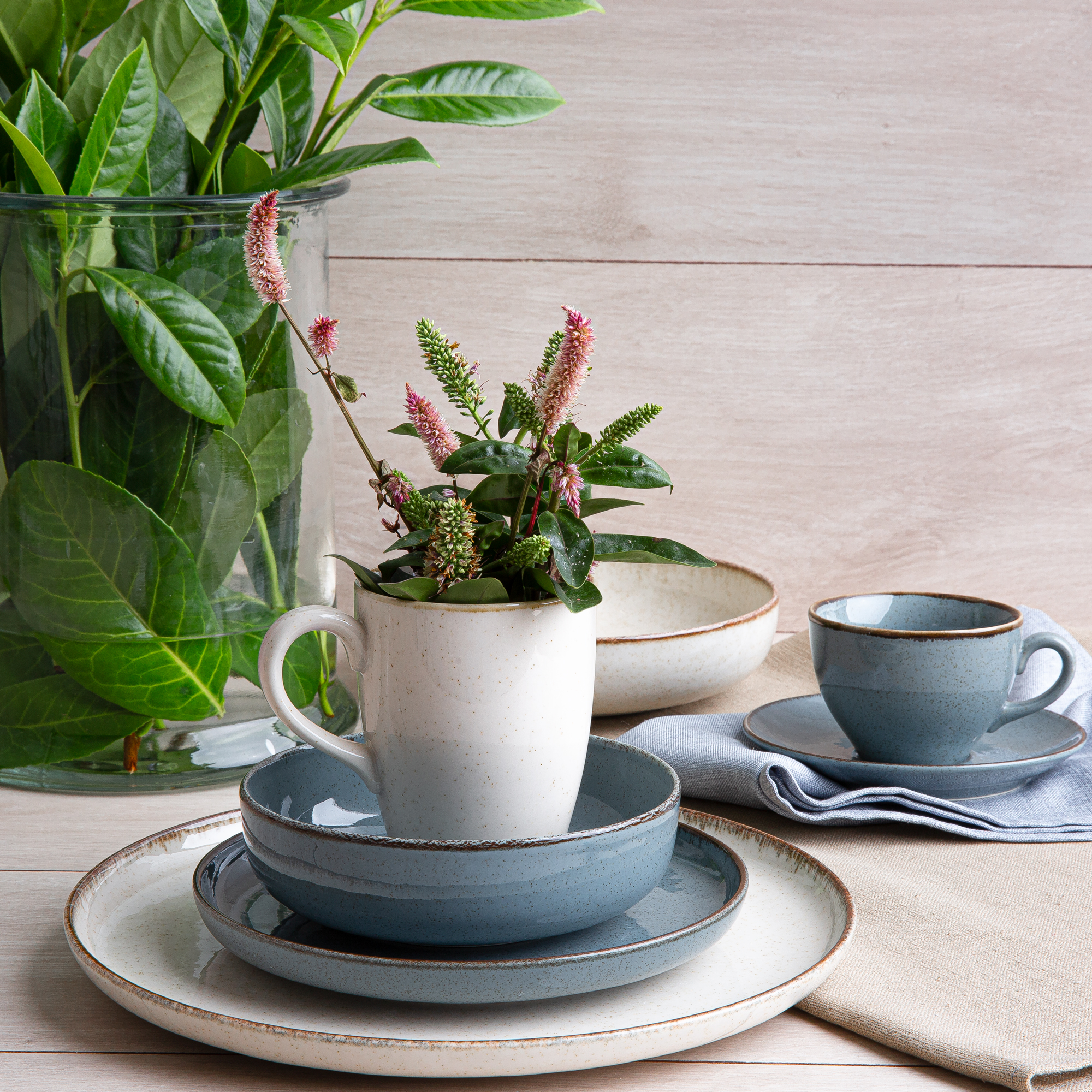 Modro-béžový porcelánová obedová a kávová súprava Craft pre 6 osôb 42-dielna AMBITION