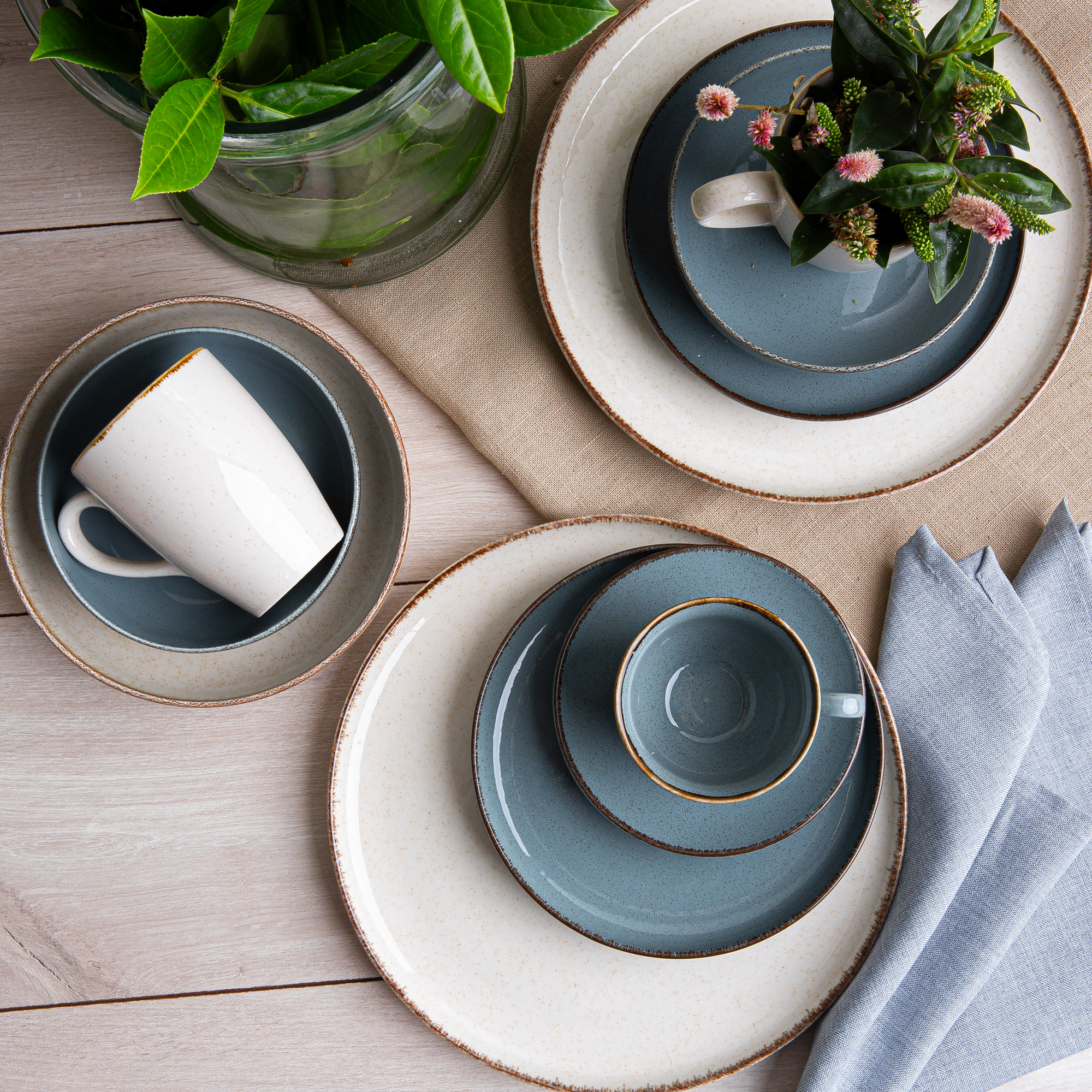 Modro-béžový porcelánová obedová a kávová súprava Craft pre 6 osôb 42-dielna AMBITION