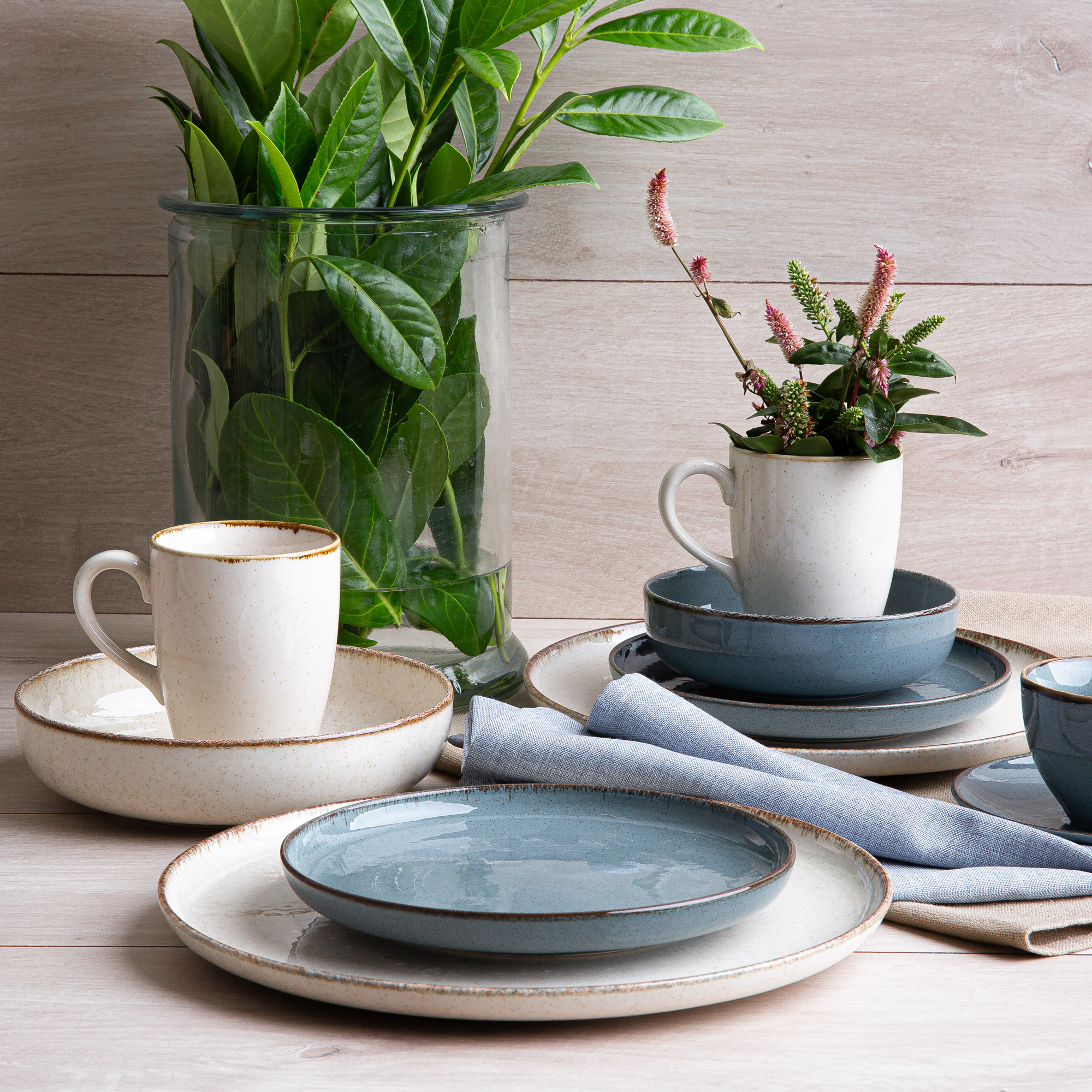 Modro-béžový porcelánová obedová a kávová súprava Craft pre 6 osôb 42-dielna AMBITION