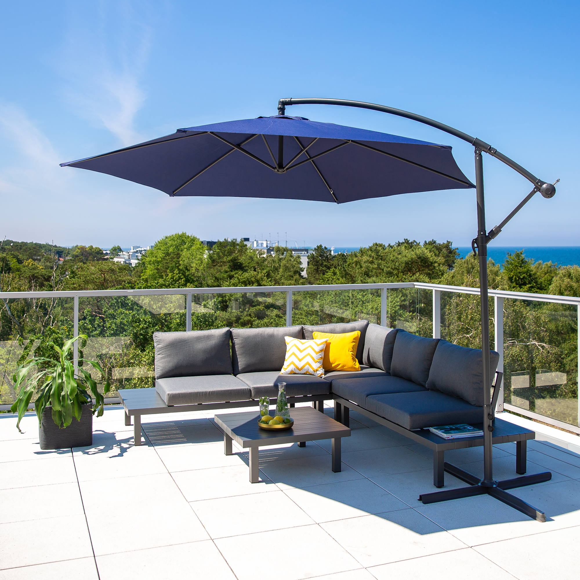 Zahradní ocelový slunečník s boční nohou Dark Blue 3 m PATIO