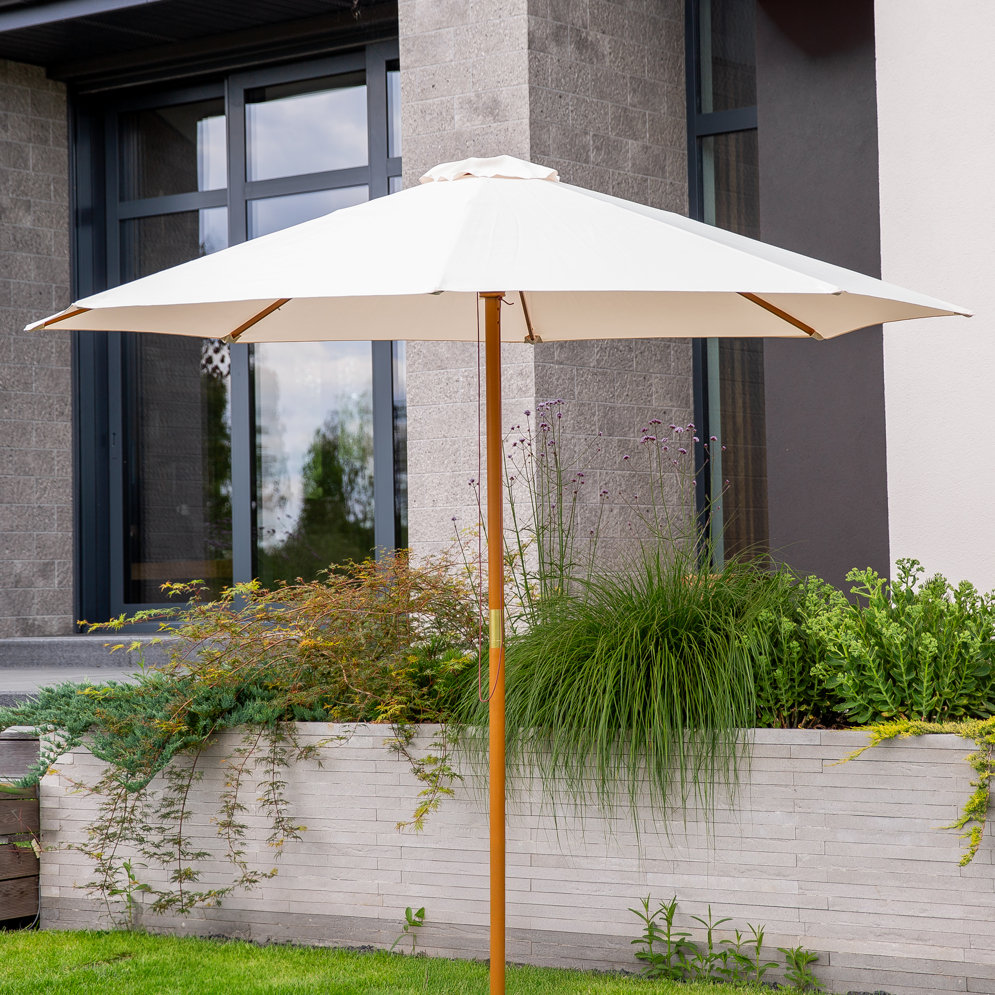 Dřevený zahradní slunečník Poly Ecru 3 m PATIO
