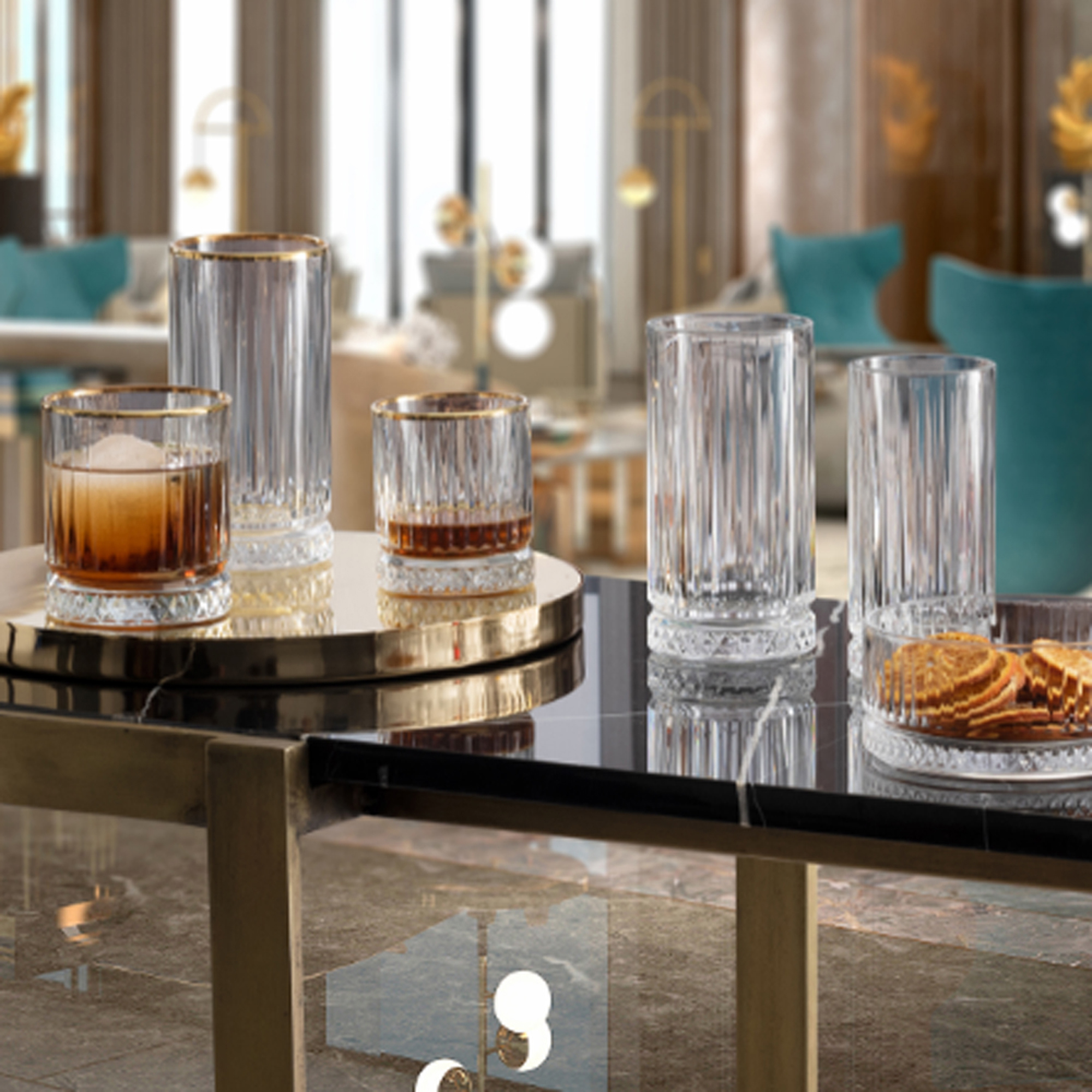 Set de 4 vasos bajos Elysia Gold 210 ml PASABAHCE
