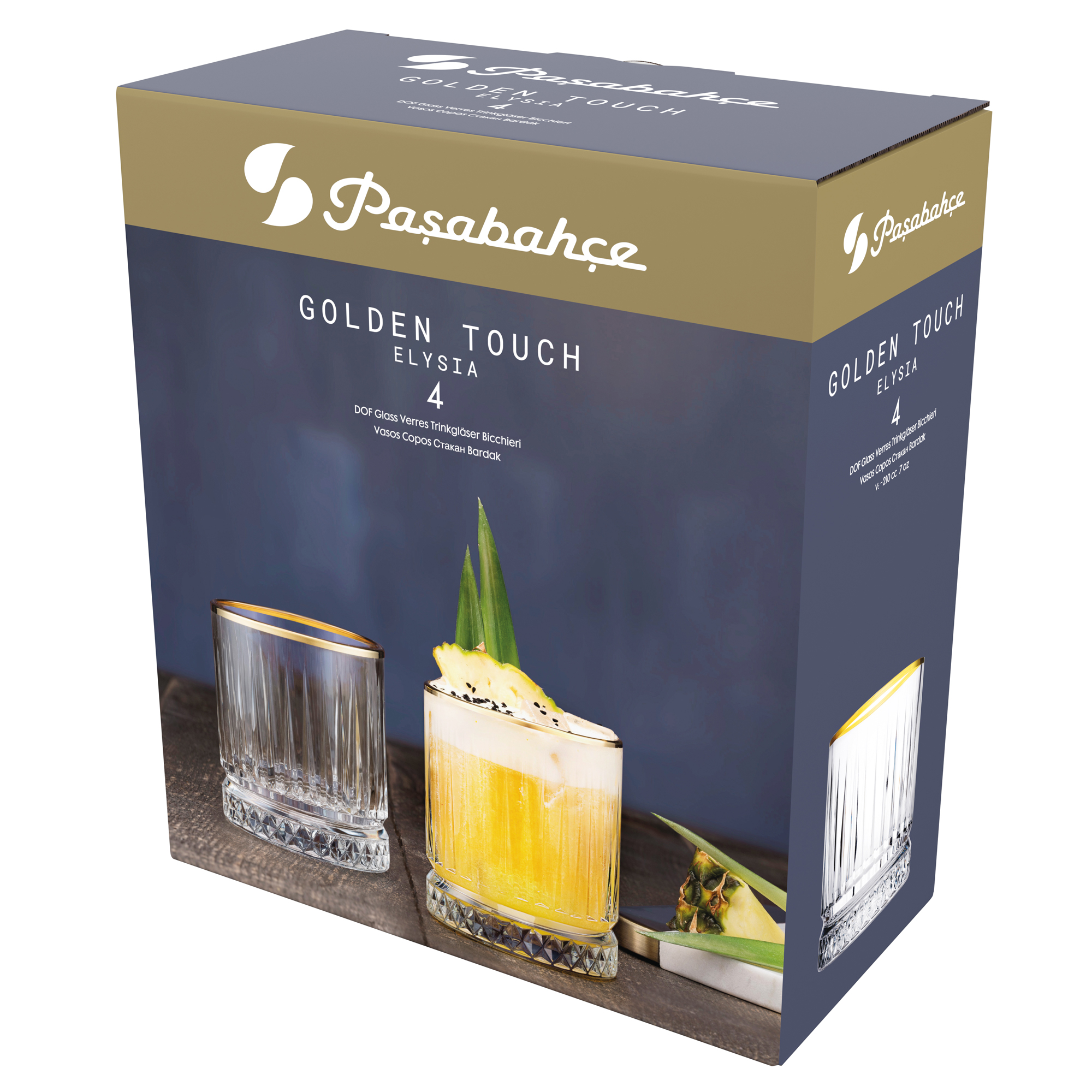 Set de 4 vasos bajos Elysia Gold 210 ml PASABAHCE