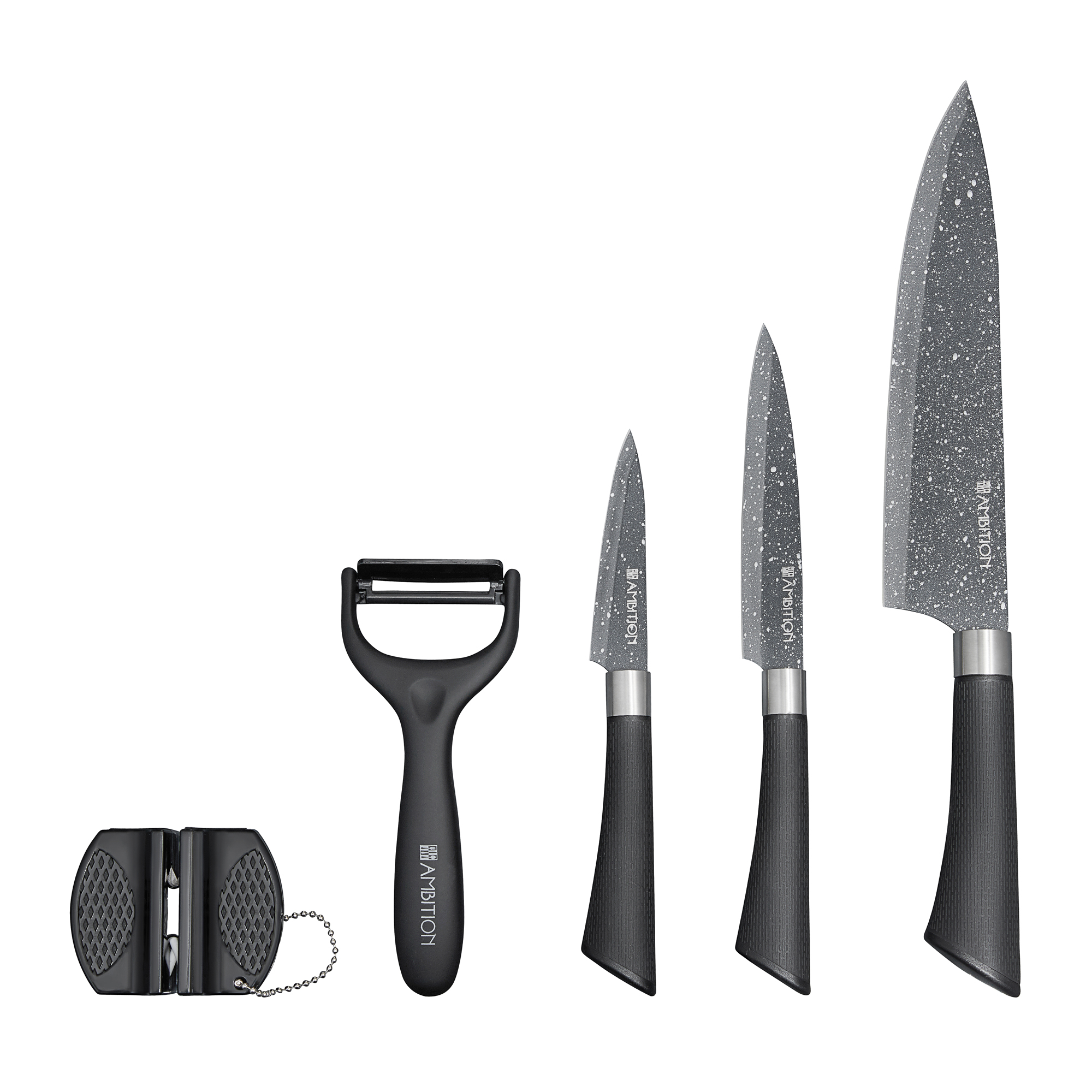 Komplet 3 noży z ostrzałką i obieraczką Steel Grey AMBITION