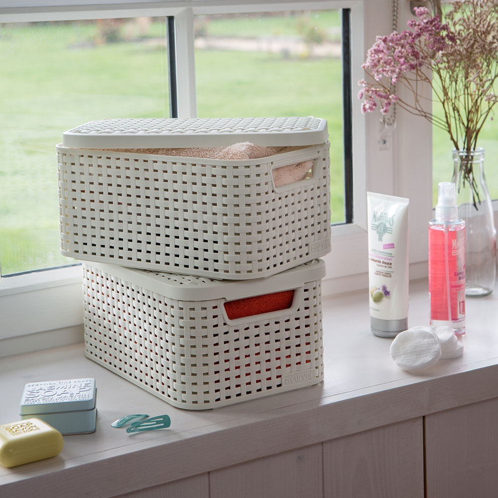Koš s víkem Rattan Style Cream S CURVER