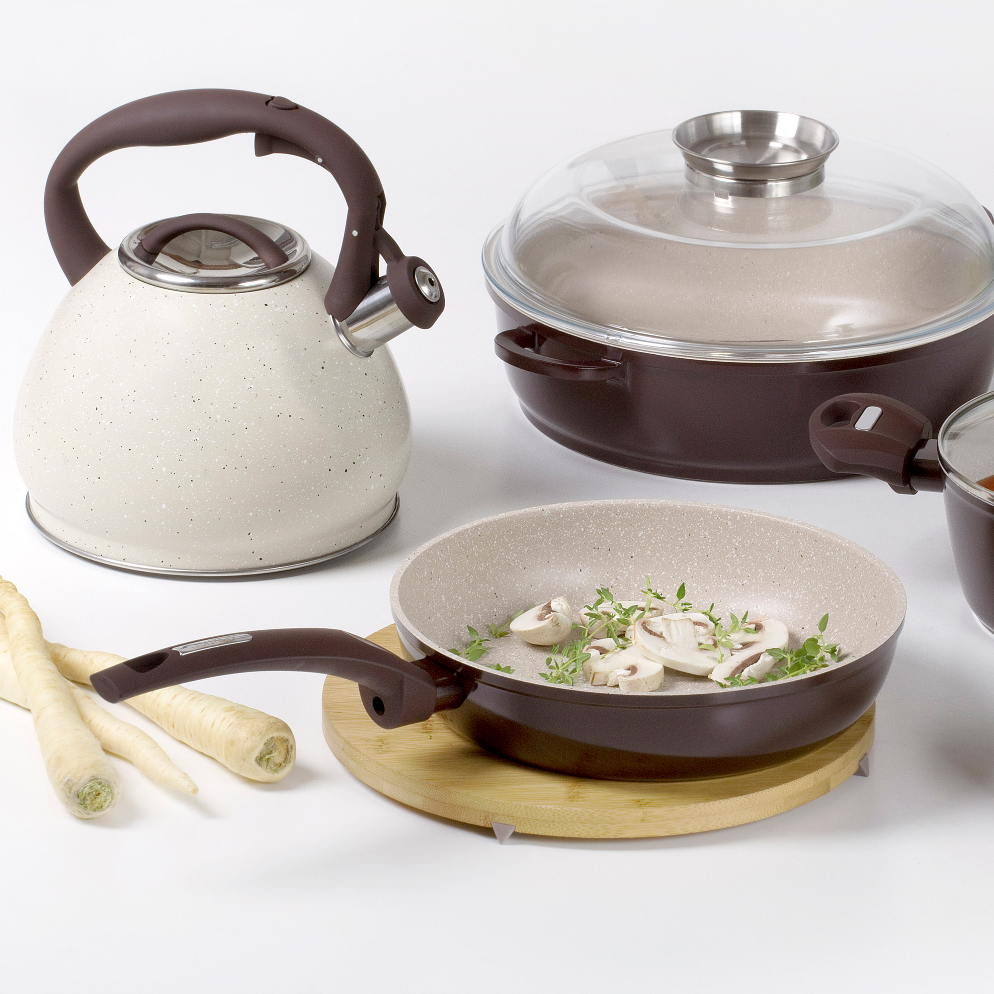 Deep frying pan with heat-resistant lid and Aroma Knob Brown Stone 28 cm AMBITION