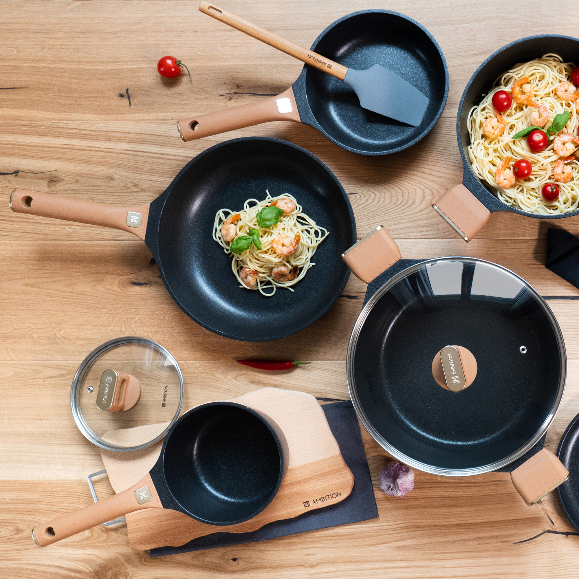 Batería de cocina con revestimiento Qualum Basic Stone Edition Camel 9-piezas AMBITION