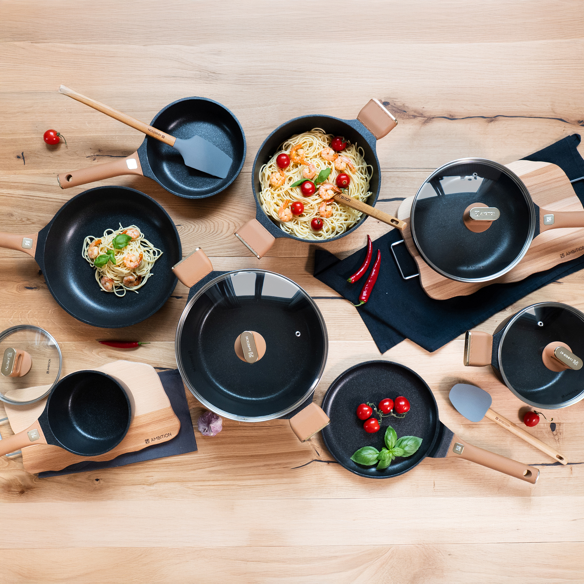 Batería de cocina con revestimiento Qualum Basic Stone Edition Camel 9-piezas AMBITION