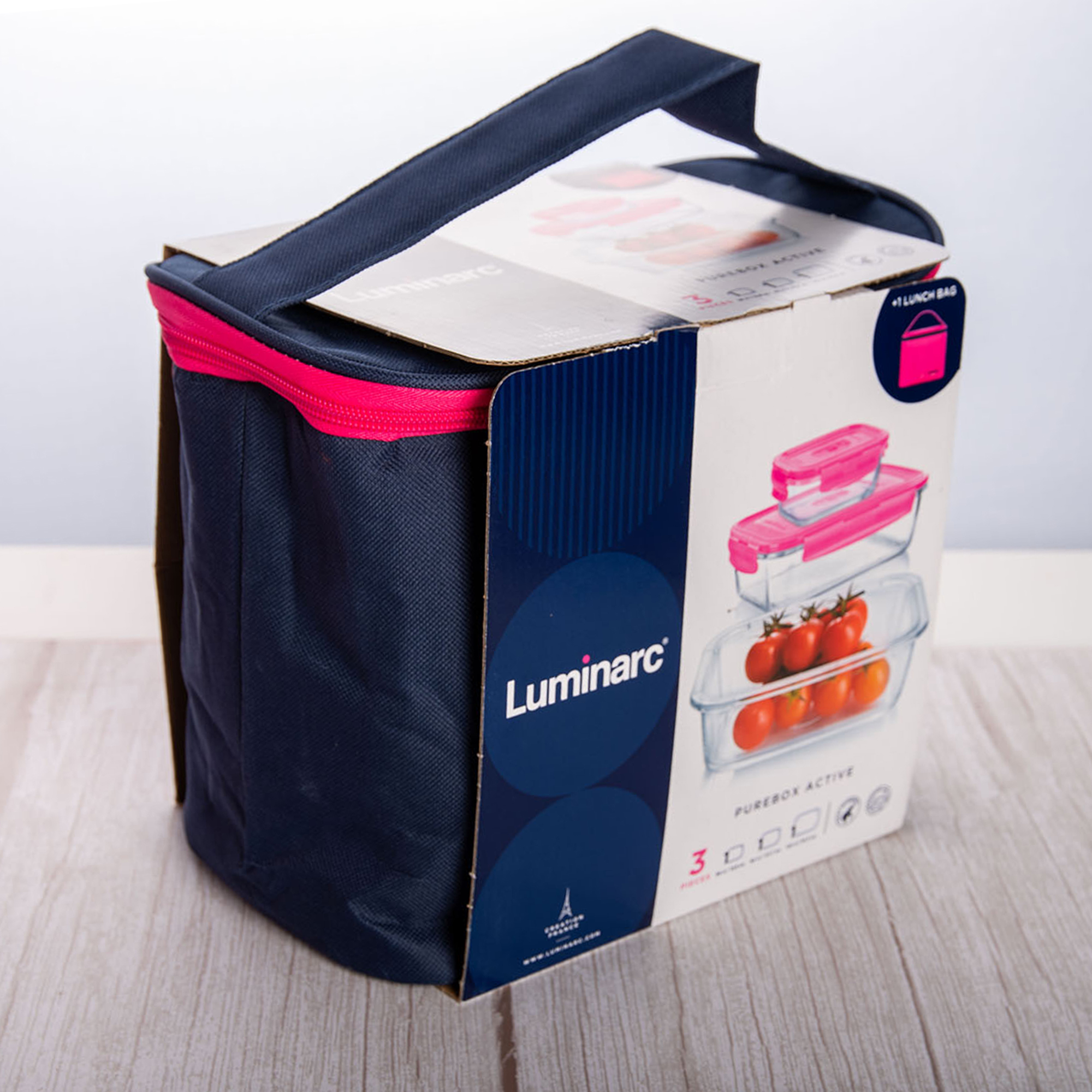 Sada 3 skleněných nádobek s taškou na oběd Pure Box Active Blue LUMINARC
