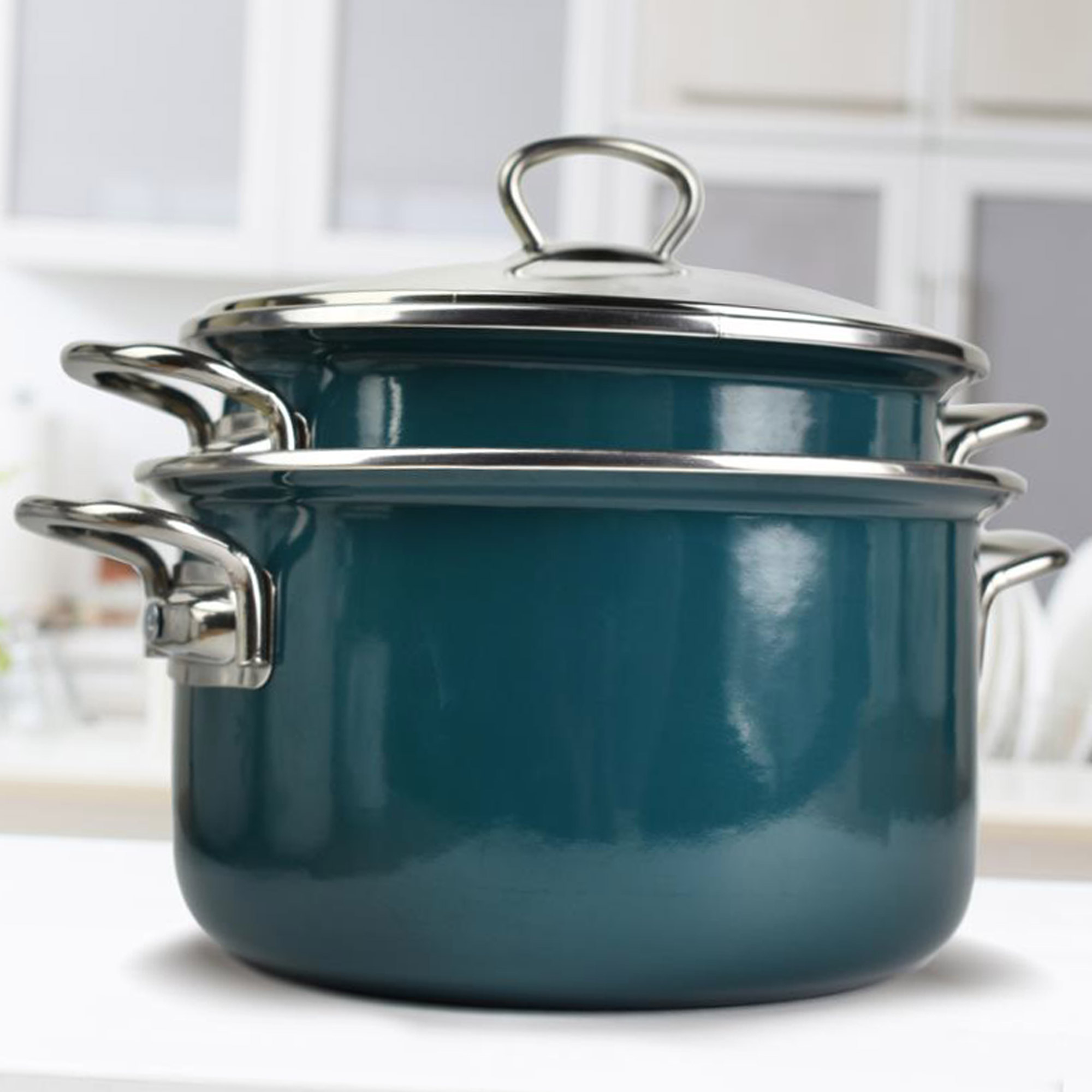 Pentola smaltata blu 18 cm con coperchio di vetro Plus EMALIA OLKUSZ
